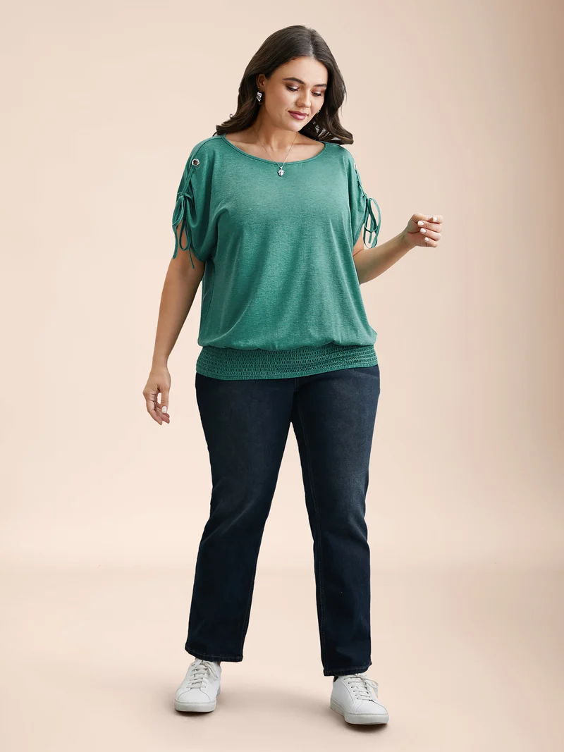 Adjustable Sleeve-Tie Shirred Round Neck T-Shirt