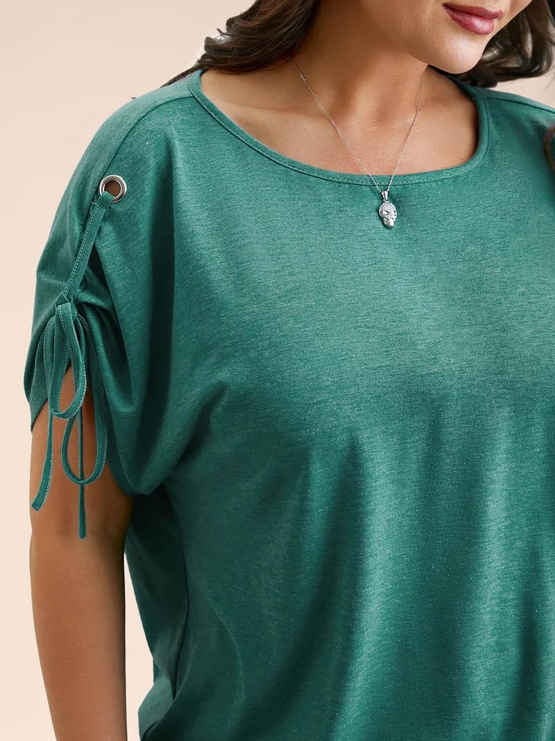 Adjustable Sleeve-Tie Shirred Round Neck T-Shirt