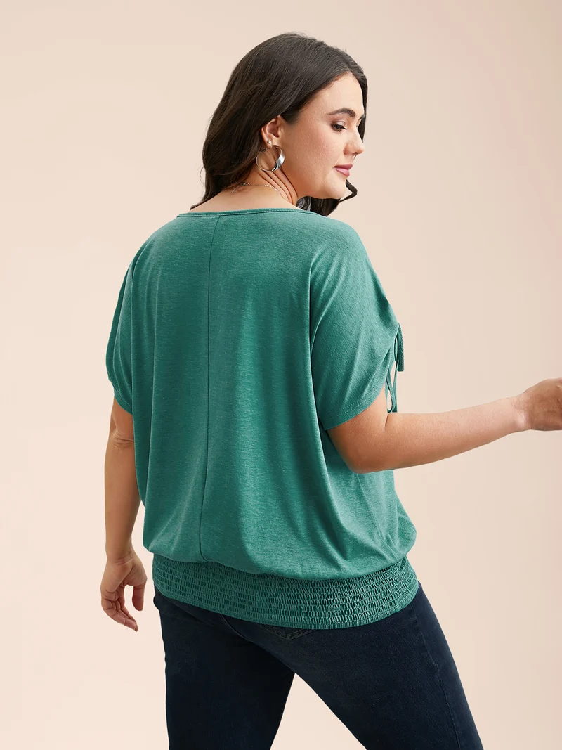 Adjustable Sleeve-Tie Shirred Round Neck T-Shirt