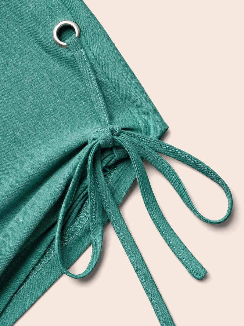 Adjustable Sleeve-Tie Shirred Round Neck T-Shirt