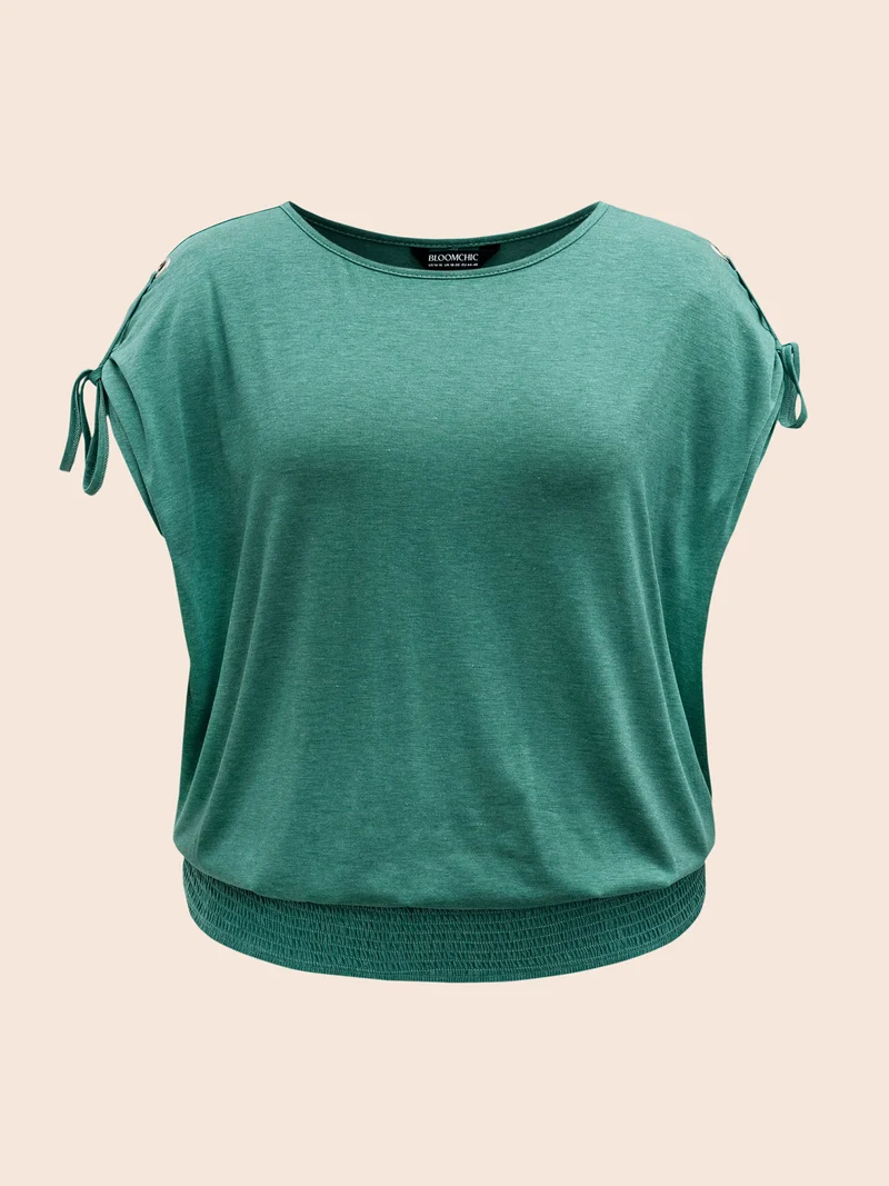 Adjustable Sleeve-Tie Shirred Round Neck T-Shirt