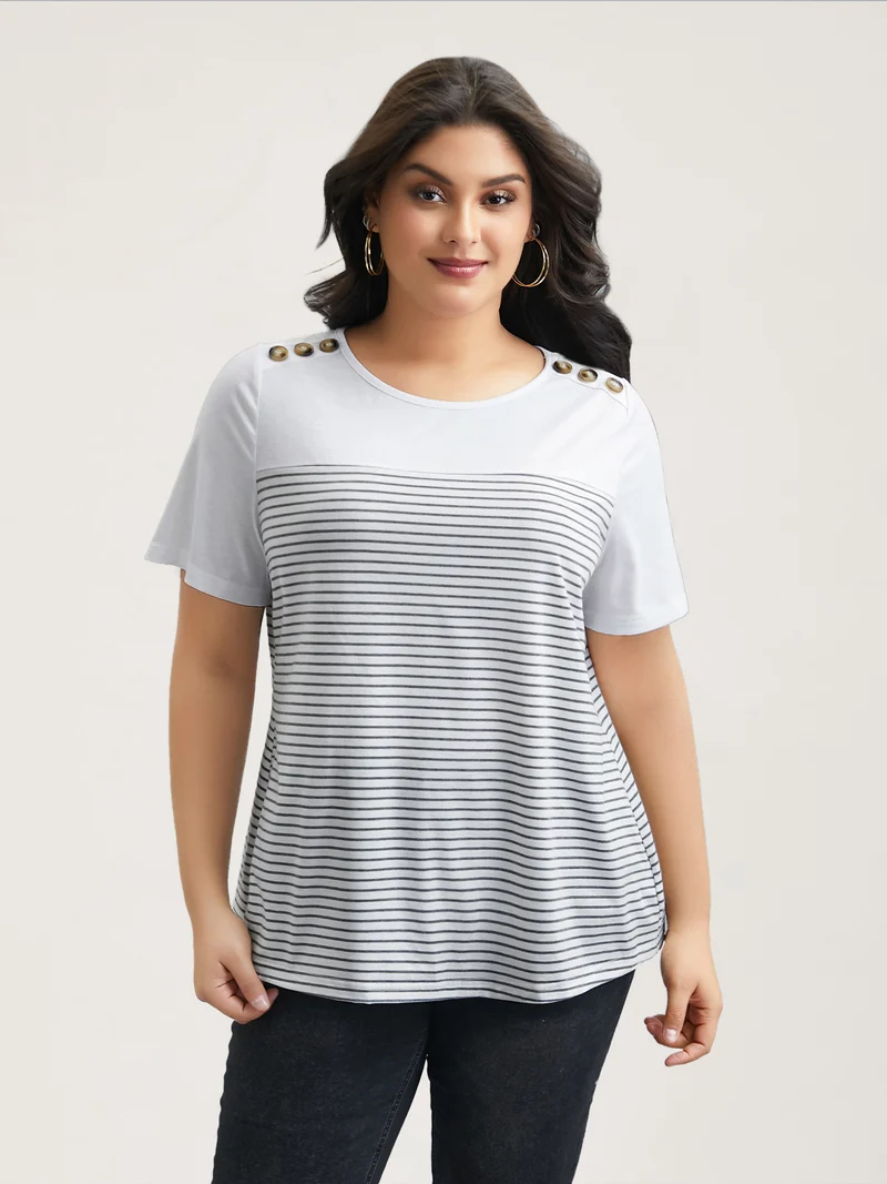 Striped Contrast Stretchy Button T-Shirt