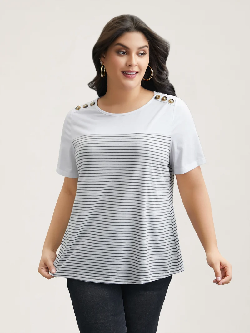 Striped Contrast Stretchy Button T-Shirt