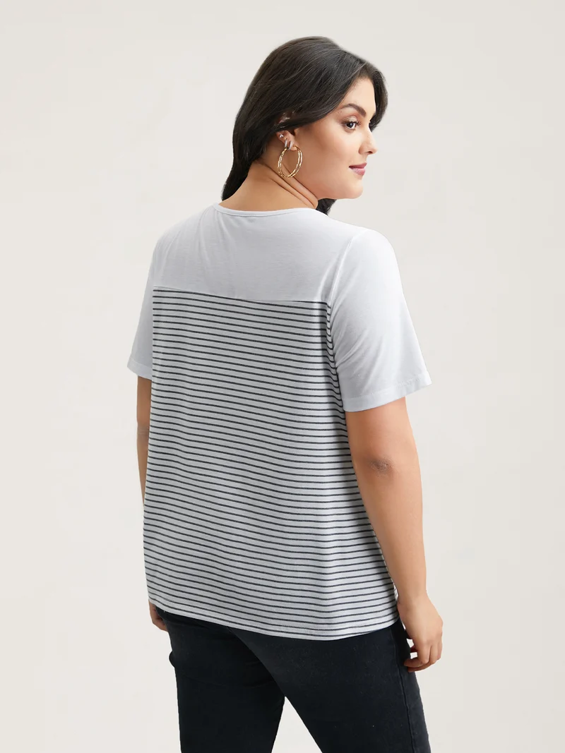 Striped Contrast Stretchy Button T-Shirt