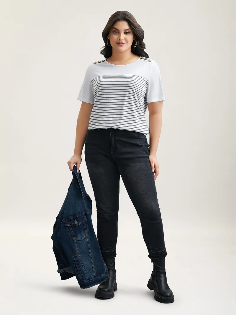 Striped Contrast Stretchy Button T-Shirt