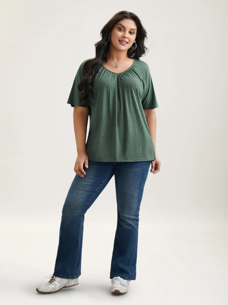 Pleated Plain Half-Sleeve Knit Top