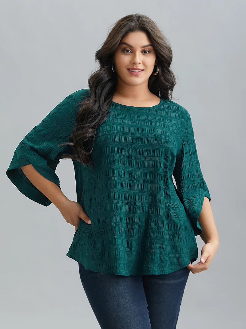 Solid Textured Curved Hem Gathered Blouse