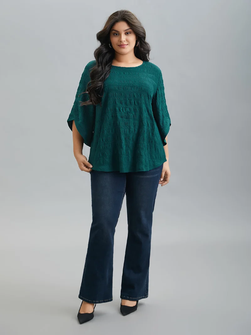 Solid Textured Curved Hem Gathered Blouse