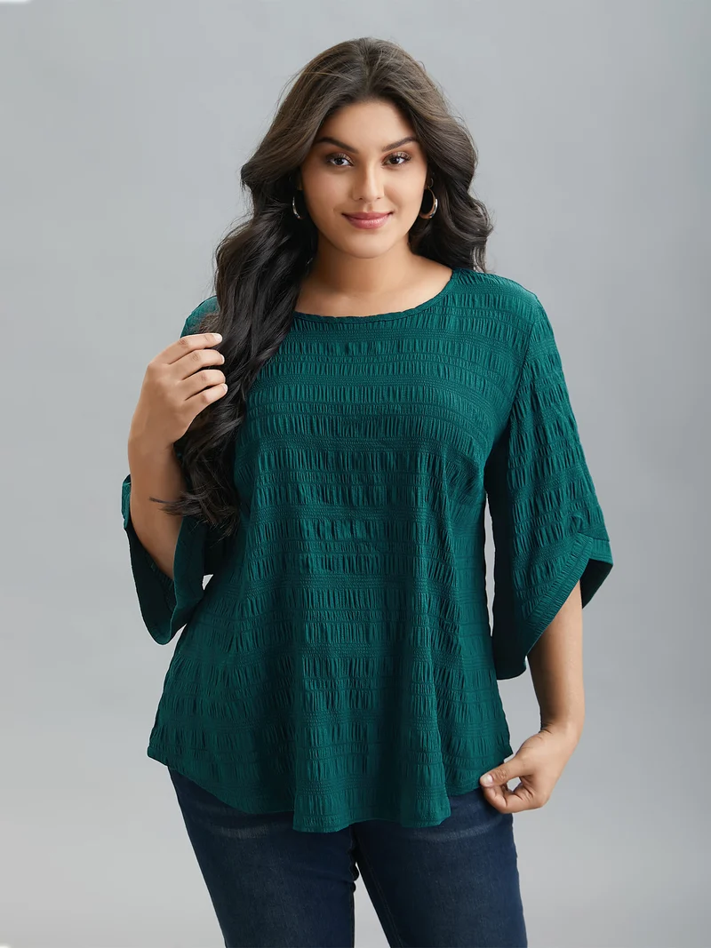 Solid Textured Curved Hem Gathered Blouse