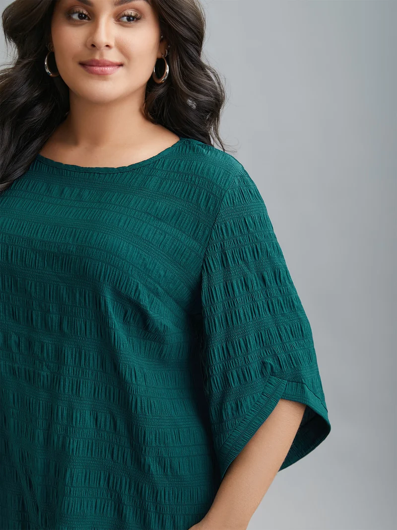 Solid Textured Curved Hem Gathered Blouse