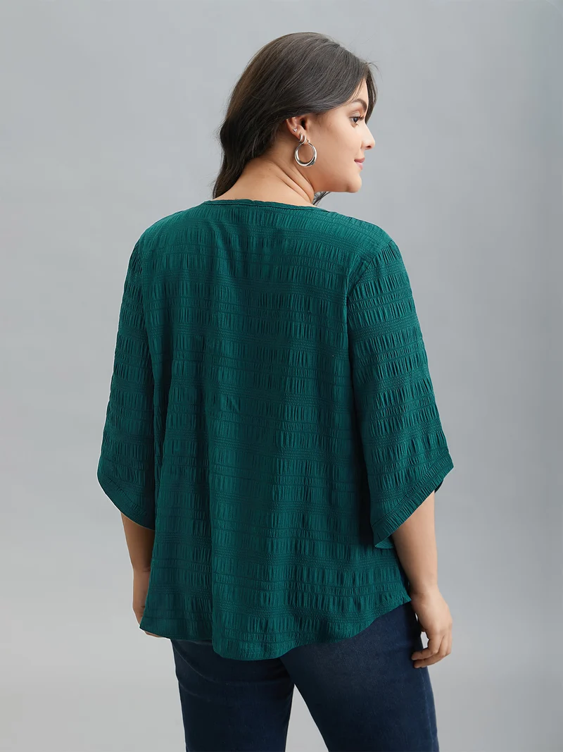 Solid Textured Curved Hem Gathered Blouse