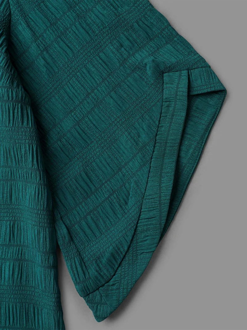 Solid Textured Curved Hem Gathered Blouse