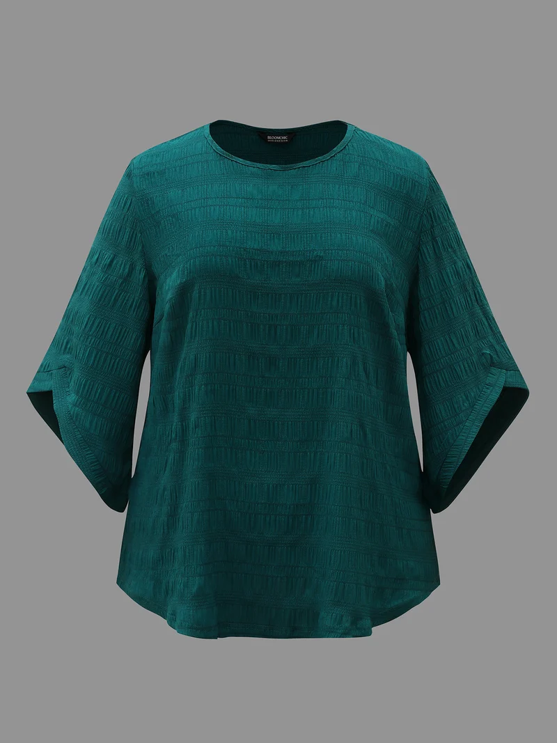 Solid Textured Curved Hem Gathered Blouse