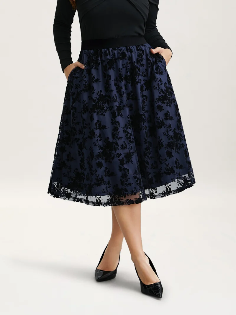 Floral Flocked Flared Midi Skirt