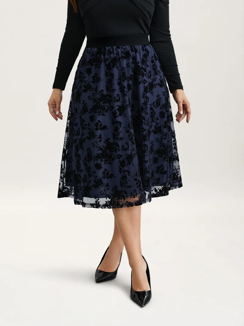 Floral Flocked Flared Midi Skirt