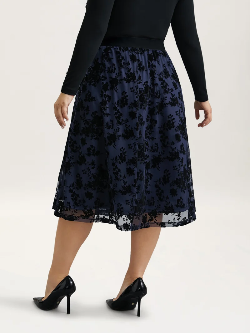 Floral Flocked Flared Midi Skirt