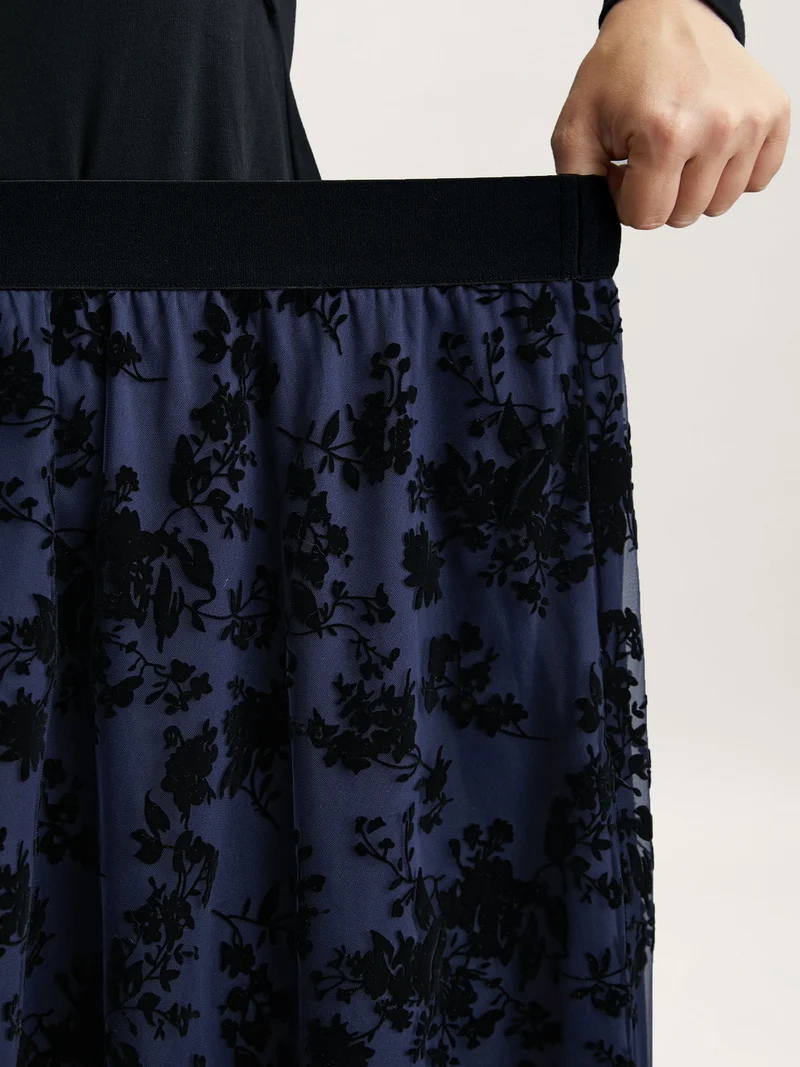 Floral Flocked Flared Midi Skirt