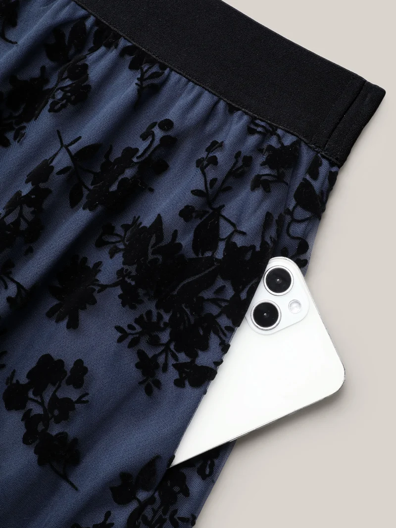 Floral Flocked Flared Midi Skirt
