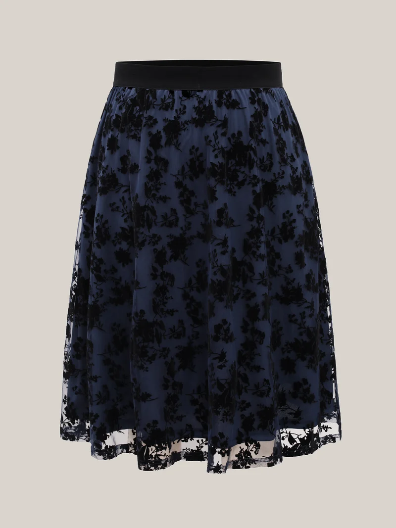 Floral Flocked Flared Midi Skirt