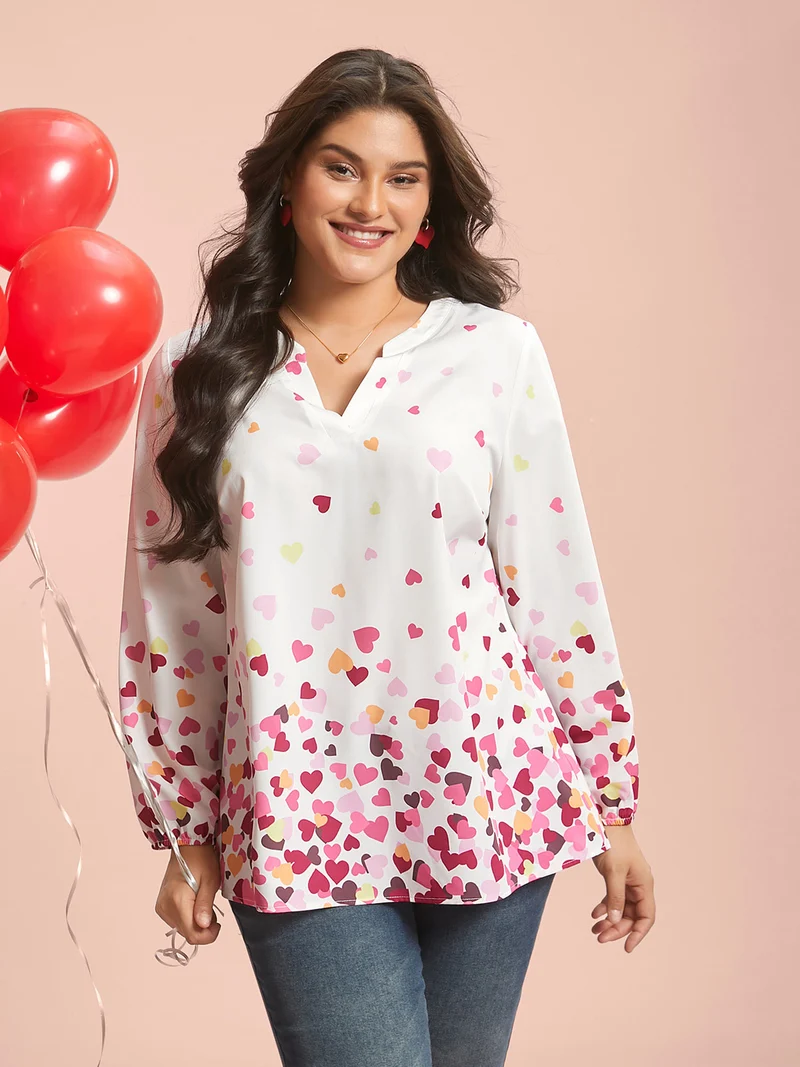 Notched Collar Multi-Color Hearts Blouse