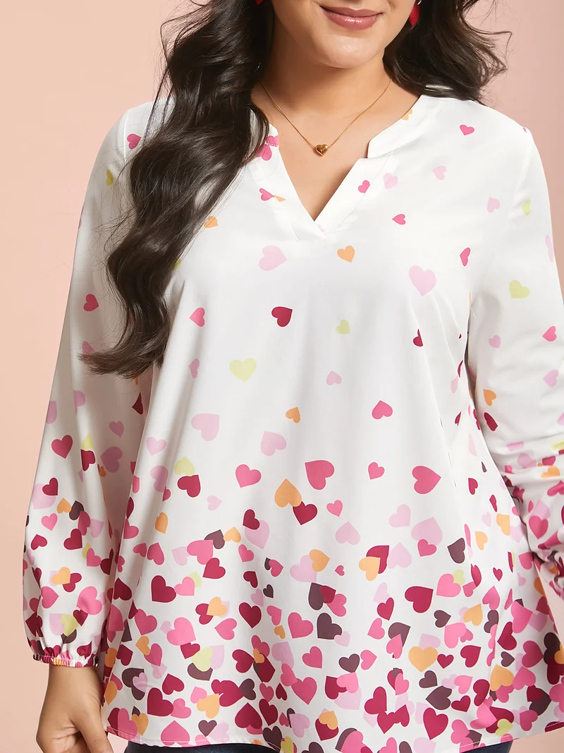 Notched Collar Multi-Color Hearts Blouse