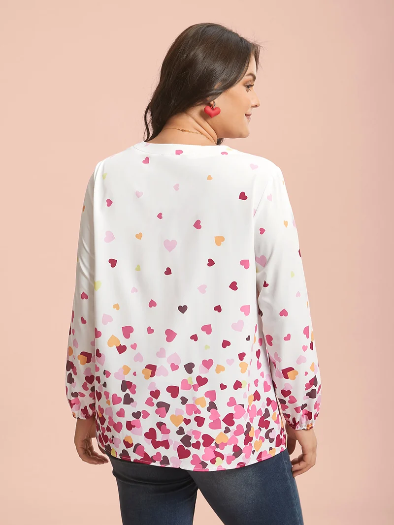Notched Collar Multi-Color Hearts Blouse
