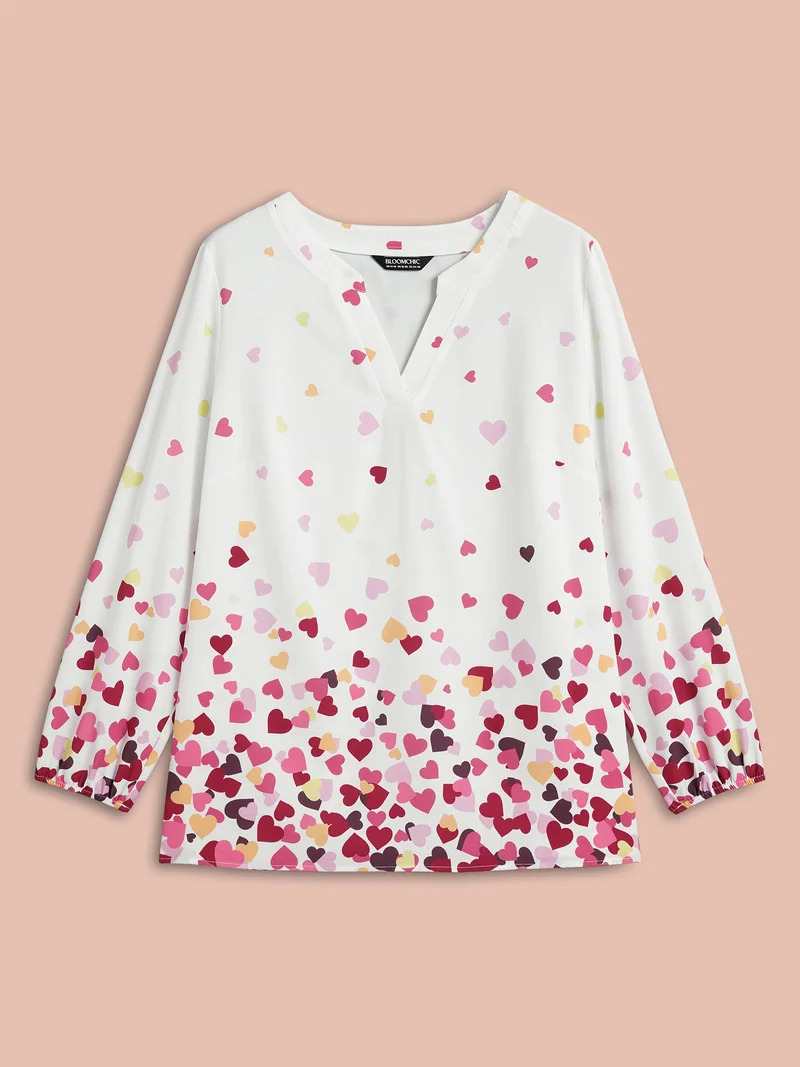 Notched Collar Multi-Color Hearts Blouse