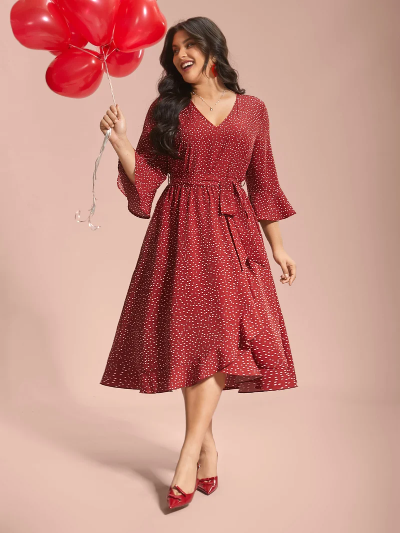 Polka Dots Waist-Tie Ruffled Midi Dress