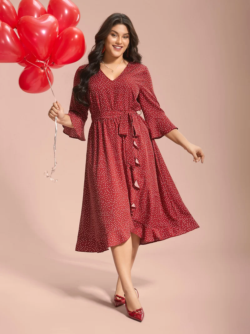 Polka Dots Waist-Tie Ruffled Midi Dress