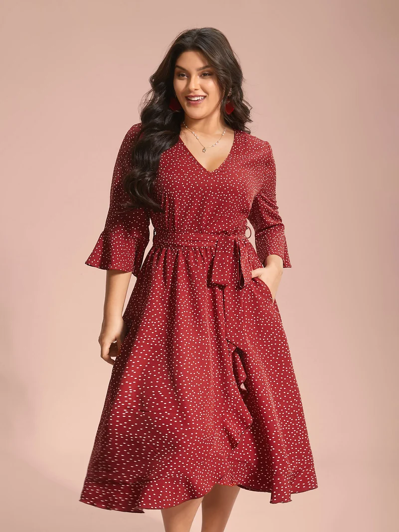 Polka Dots Waist-Tie Ruffled Midi Dress