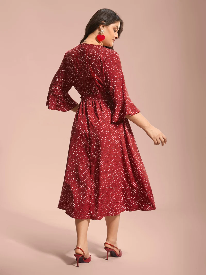 Polka Dots Waist-Tie Ruffled Midi Dress
