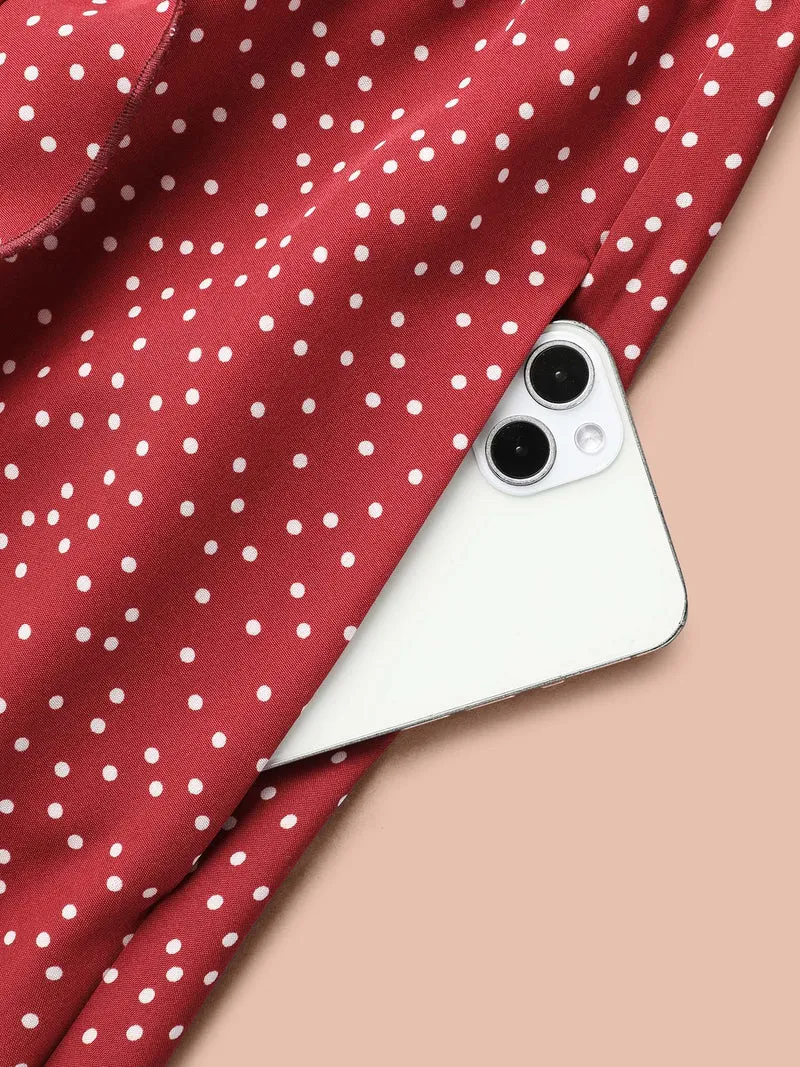 Polka Dots Waist-Tie Ruffled Midi Dress