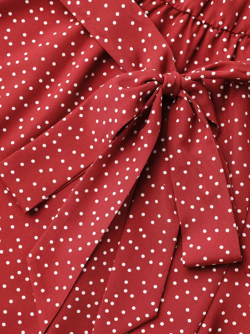 Polka Dots Waist-Tie Ruffled Midi Dress