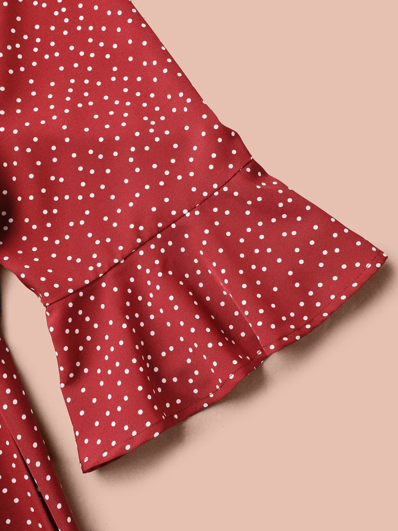 Polka Dots Waist-Tie Ruffled Midi Dress