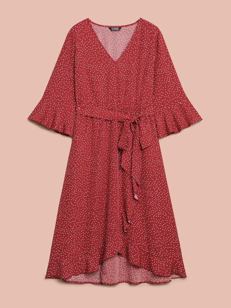 Polka Dots Waist-Tie Ruffled Midi Dress