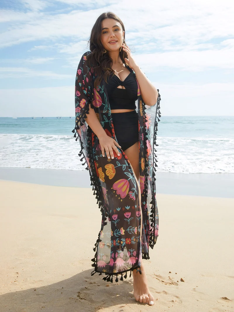 Boho Print Split Open-Front Tassels Kimono