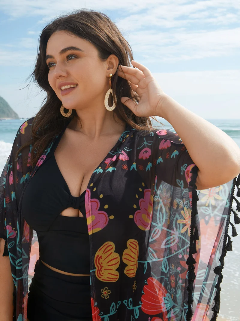 Boho Print Split Open-Front Tassels Kimono