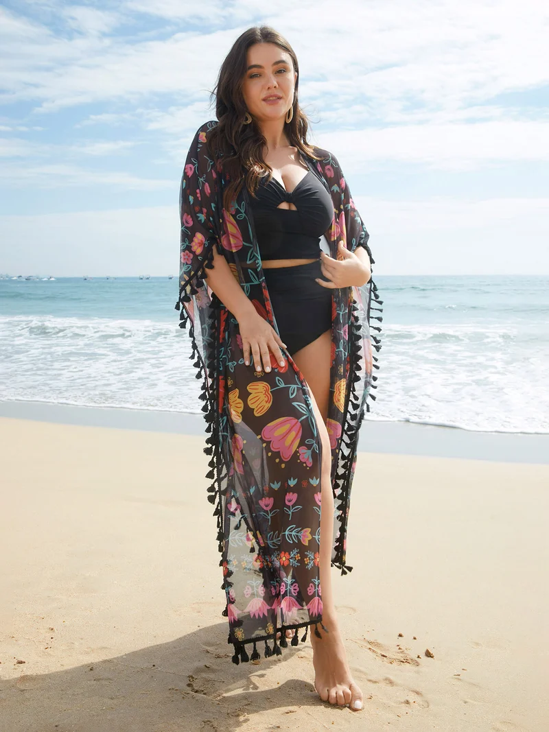 Boho Print Split Open-Front Tassels Kimono