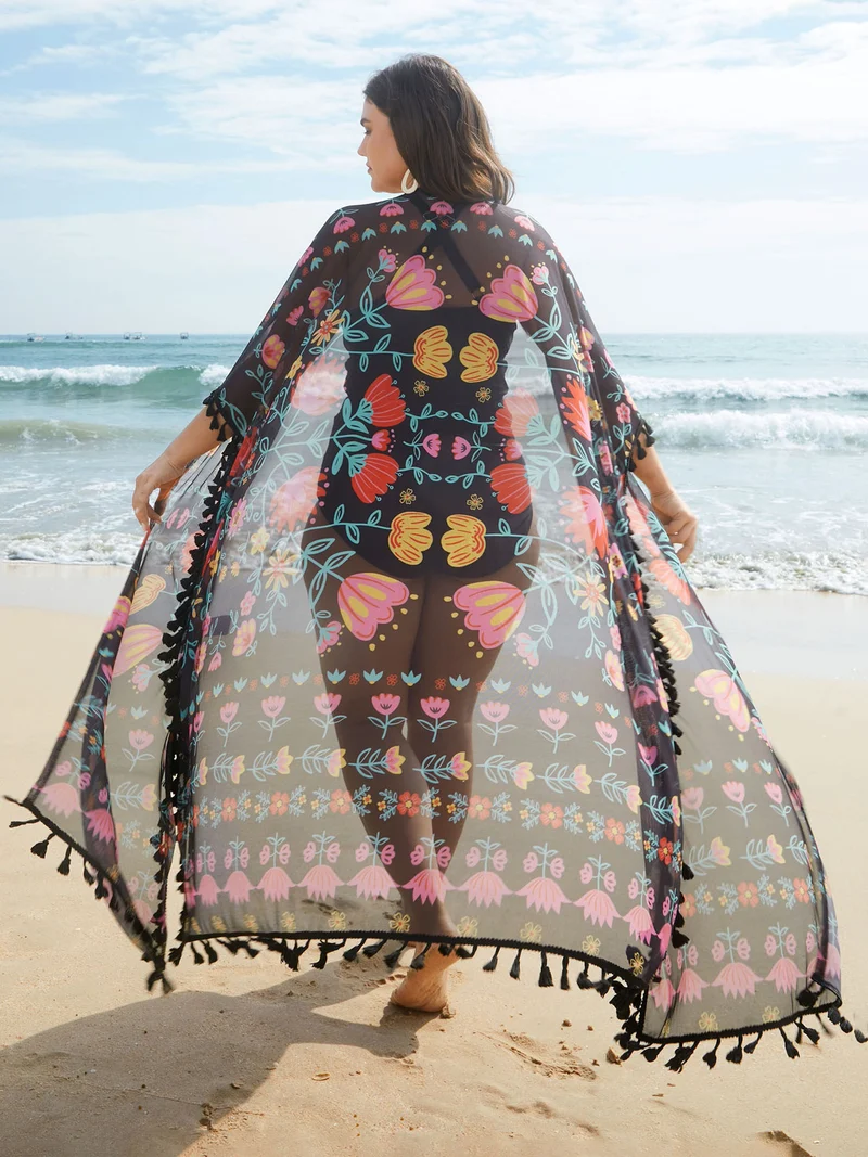 Boho Print Split Open-Front Tassels Kimono