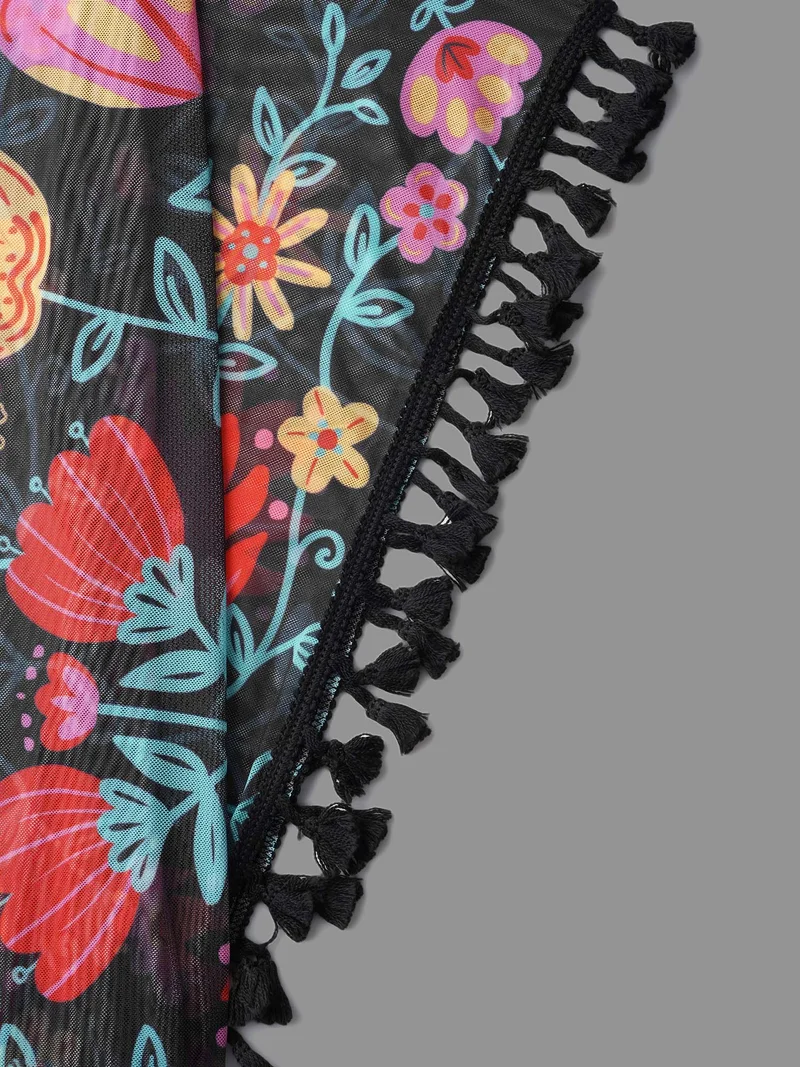 Boho Print Split Open-Front Tassels Kimono