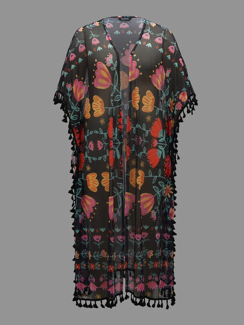 Boho Print Split Open-Front Tassels Kimono