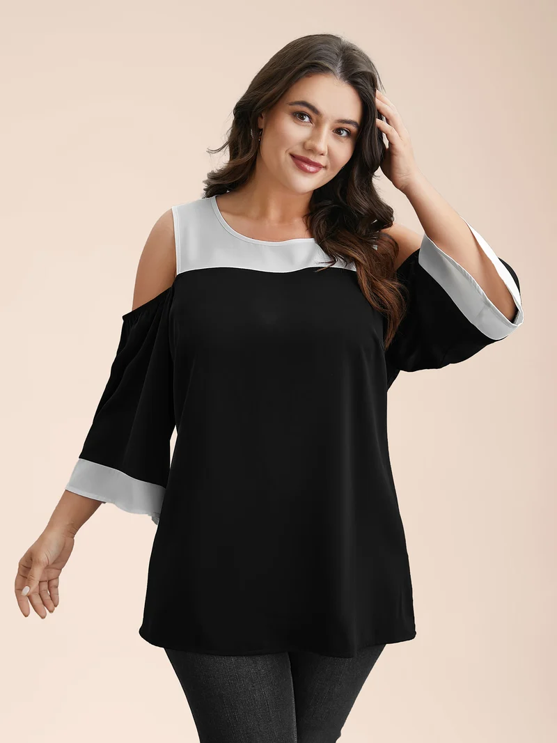 Color-Block Off-Shoulder Pleated Blouse