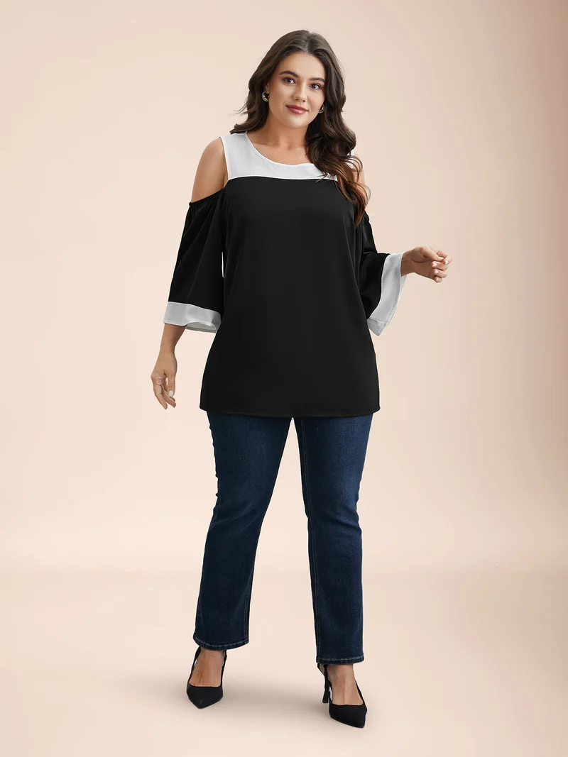 Color-Block Off-Shoulder Pleated Blouse