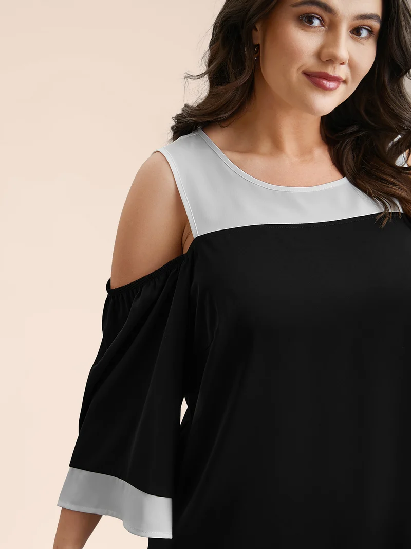 Color-Block Off-Shoulder Pleated Blouse
