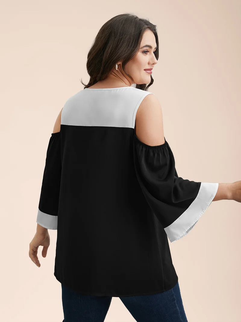 Color-Block Off-Shoulder Pleated Blouse