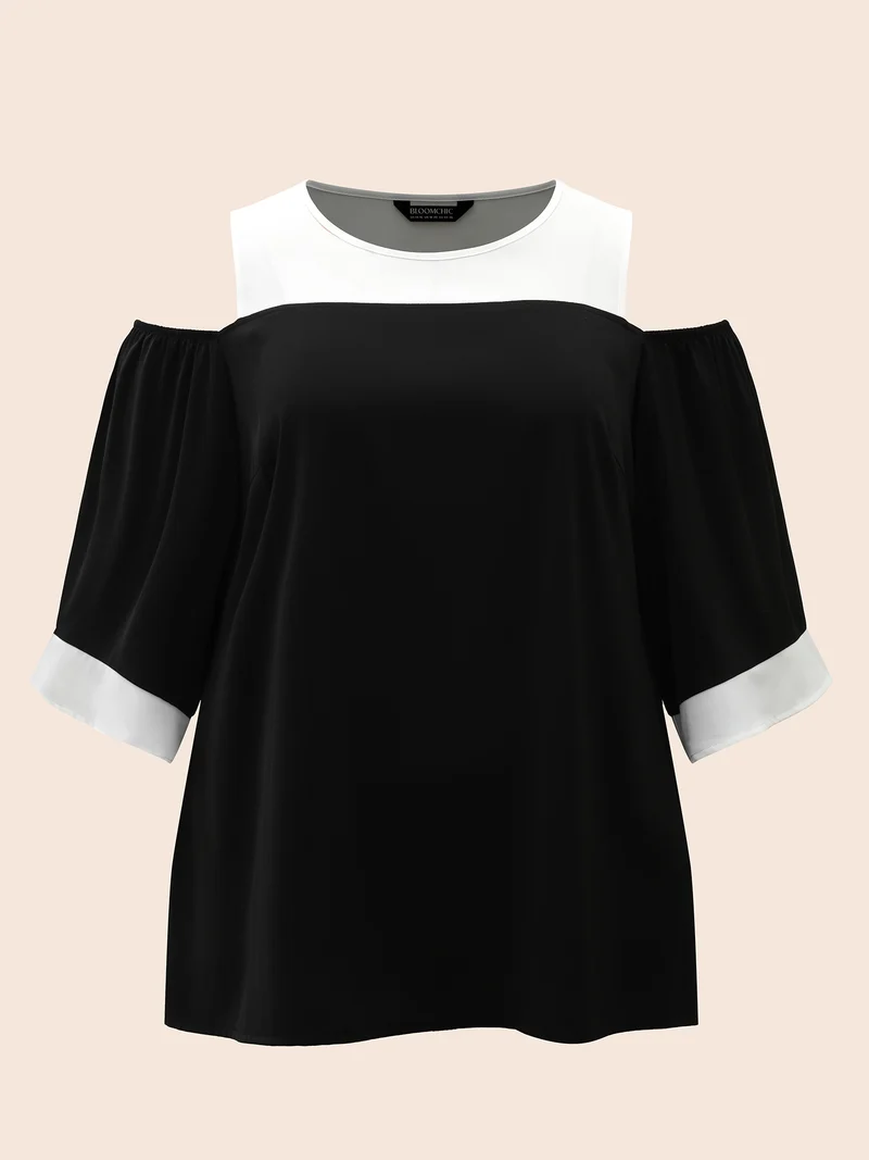 Color-Block Off-Shoulder Pleated Blouse