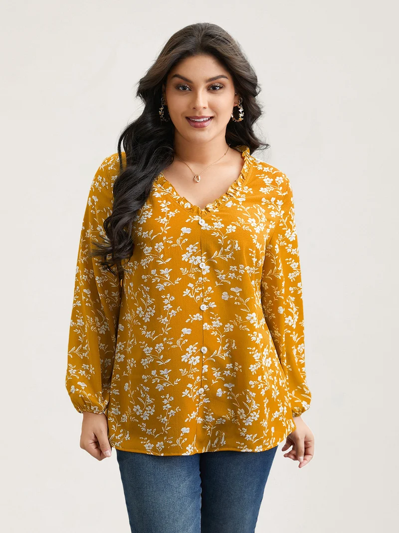 Floral Print V-Neck Ruffled Shirt