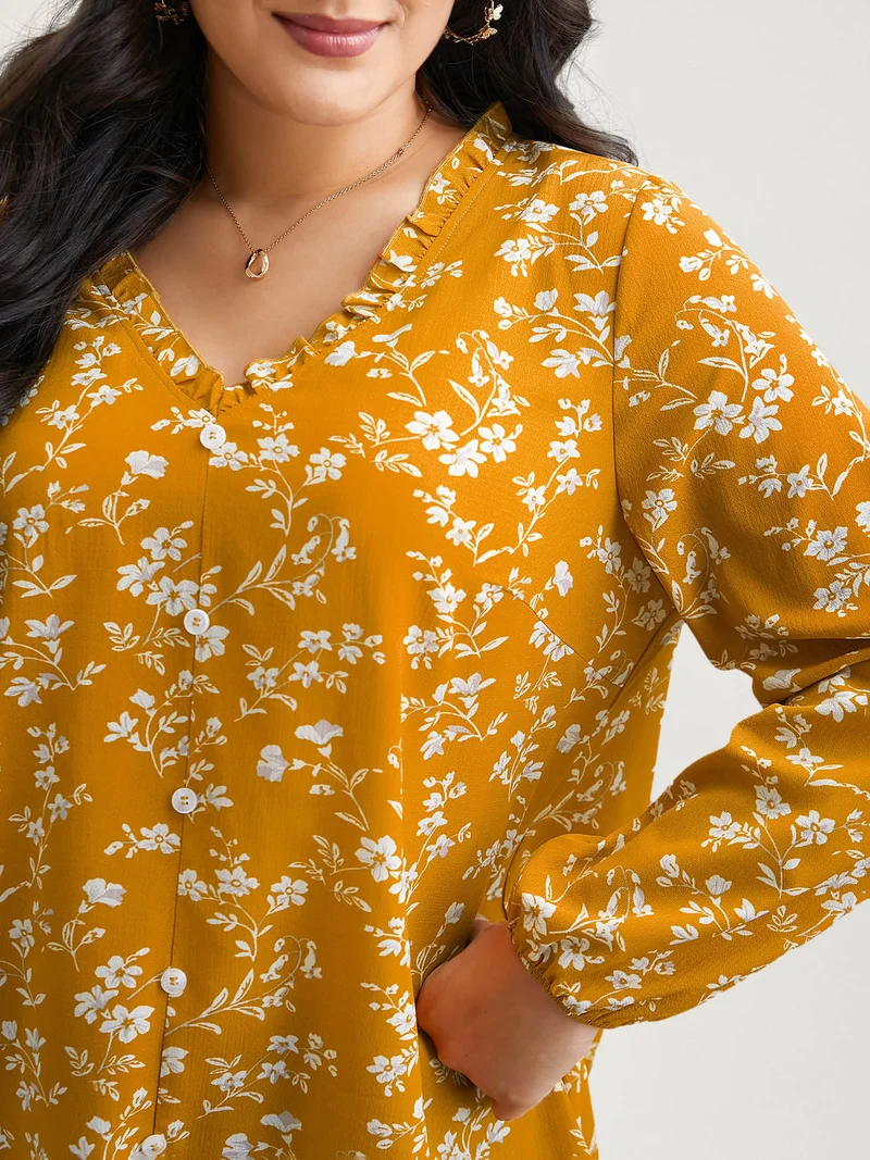 Floral Print V-Neck Ruffled Shirt