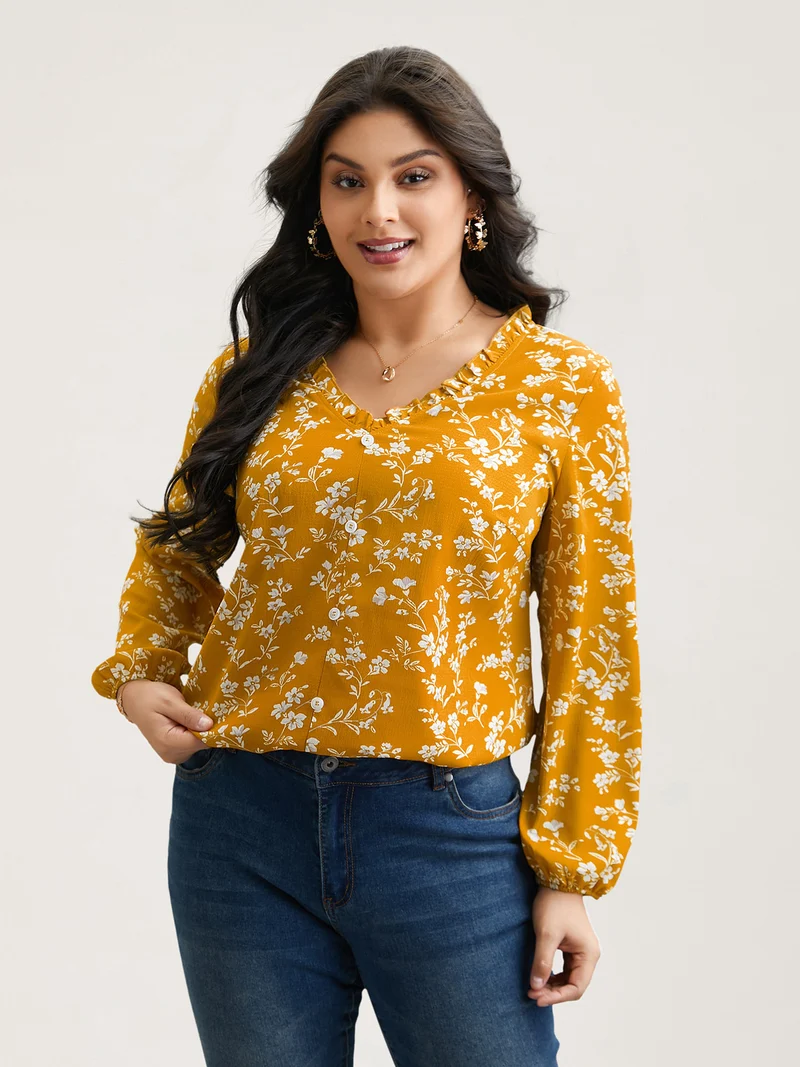 Floral Print V-Neck Ruffled Shirt