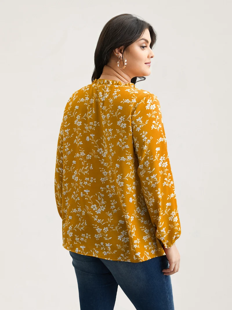 Floral Print V-Neck Ruffled Shirt